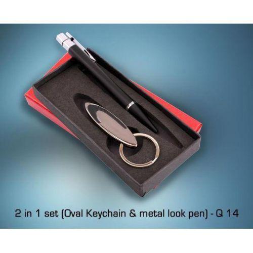 2 in 1 set(Oval Keychain & metal look pen)Q14