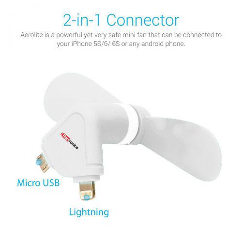 Portronics Aerolite Portable Mini Fan with micro usb and lightening connector for Android Devices-Wh