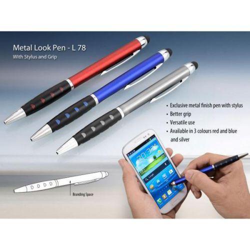 Metal look pen with stylus and grip