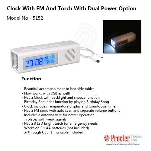 3 IN 1 CLOCK WITH FM AND TORCH WITH DUAL POWER OPTION (WITH USB WIRE)  A114 