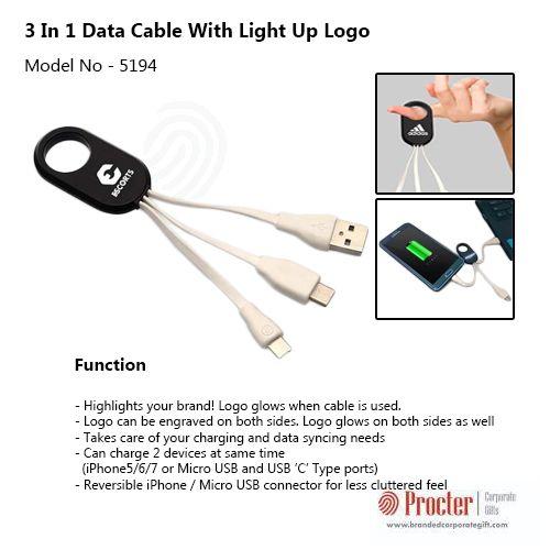 3 IN 1 DATA CABLE WITH LIGHT UP LOGO (MICRO / IPHONE / C TYPE)  C65 