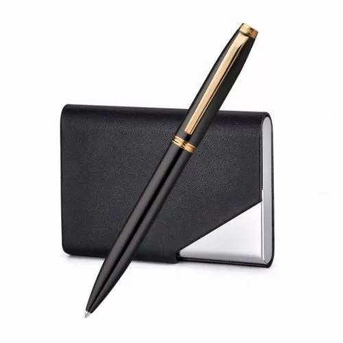 Atlas Gloss Black Ballpoint Pen With Business Card Holder - Black