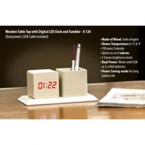WOODEN TABLETOP WITH DIGITAL LED CLOCK AND TUMBLER (DUAL POWER) (USB CABLE INCLUDED)  A120 