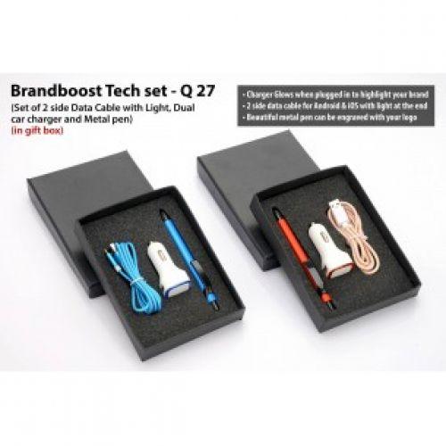 Q27 BRANDBOOST TECH SET: SET OF 2 SIDE DATA CABLE WITH LIGHT (C49), DUAL CAR CHARGER (C09) AND METAL