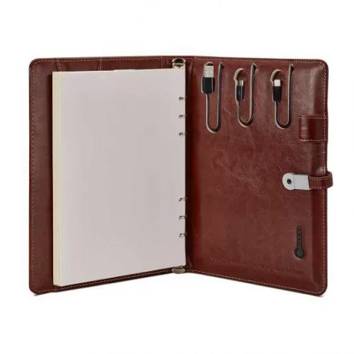 Leatherette Notebook Organiser With Powerbank - Brown