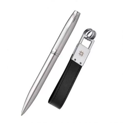Atlas Brushed Chrome Ballpoint Pen With Key Chain - Silver