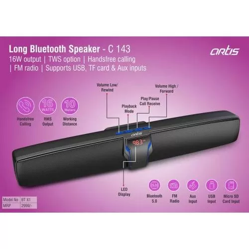 Artis BT-X1 Wireless Portable Bluetooth Speaker / Sound Bar with USB Input / FM Radio / Card Reader 