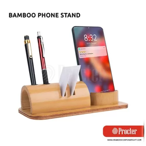 Bamboo Phone Stand With Card Holder And Double Pen Stand Q41