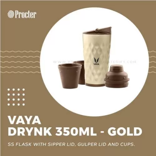 VAYA DRYNK 350ml THERMOS FLASK WITH SIPPER LID & GULPER LID ASSEMBLY (Gold Variant)