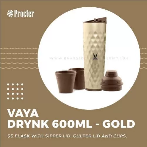 VAYA DRYNK 600ml THERMOS FLASK WITH SIPPER LID & GULPER LID ASSEMBLY (Gold Variant)
