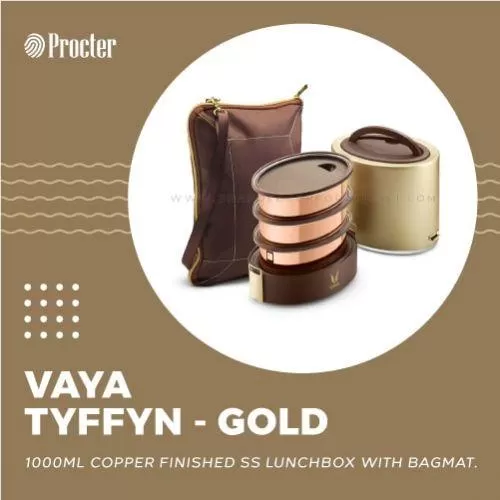 VAYA TYFFYN 1000ml GOLD Variant - COPPER FINISHED STAINLESS STEEL LUNCH BOX WITH BAGMAT