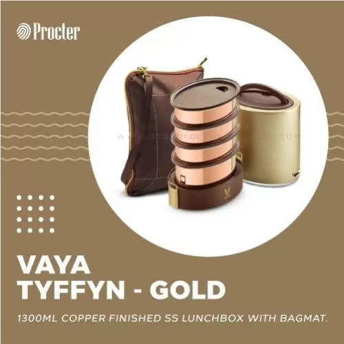 VAYA TYFFYN 1300ml GOLD Variant - COPPER FINISHED STAINLESS STEEL LUNCH BOX WITH BAGMAT