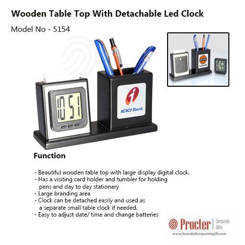 WOODEN TABLE TOP WITH DETACHABLE LED CLOCK, VISITING CARD HOLDER AND TUMBLER A119 