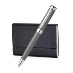 Hercules Matte Gray Ballpoint Pen With Business Card Holder - Gray