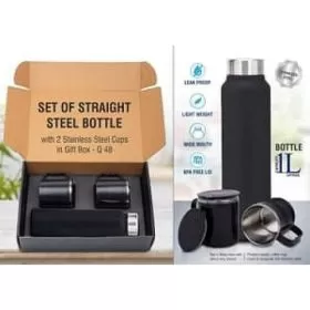 Set of Black Stainless Steel Bottle with 2 Stainless steel cups in Gift box -Q48
