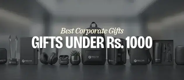 A range of affordable corporate gifts neatly arranged, all priced under ₹1,000
